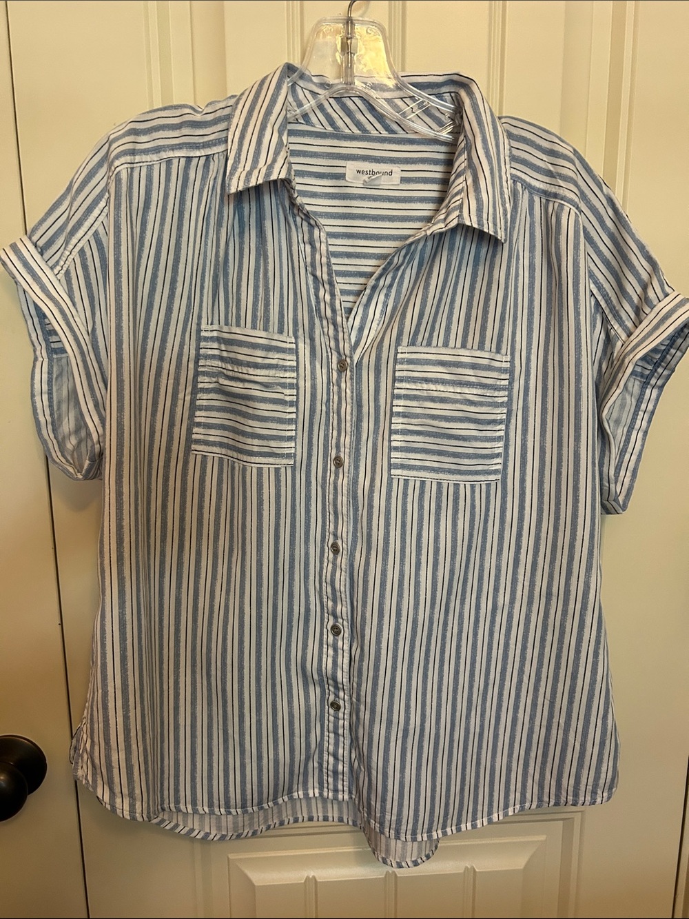 Westbound Blue & White Vertical Stripe Popover Shirt Petite Large